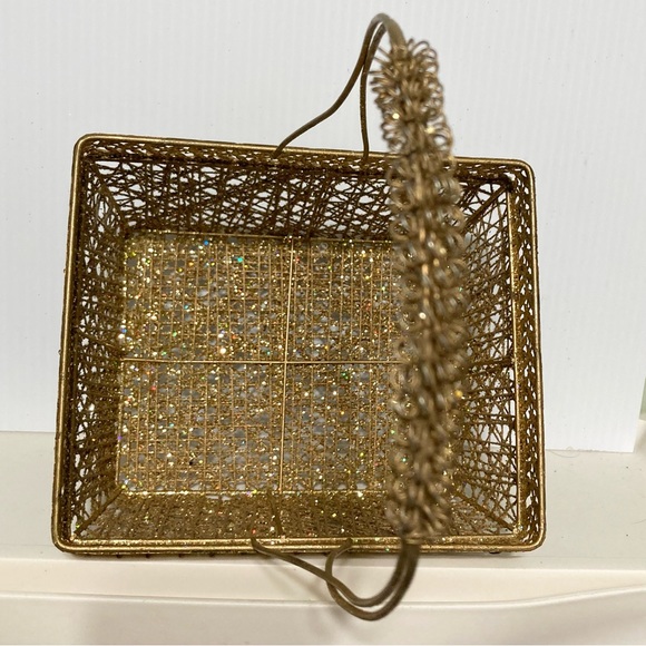 GOLD TONE Sparkly Glitter Wire Rectangle Basket w Handle 12 x 7.5 x6.5 inches - Picture 11 of 15